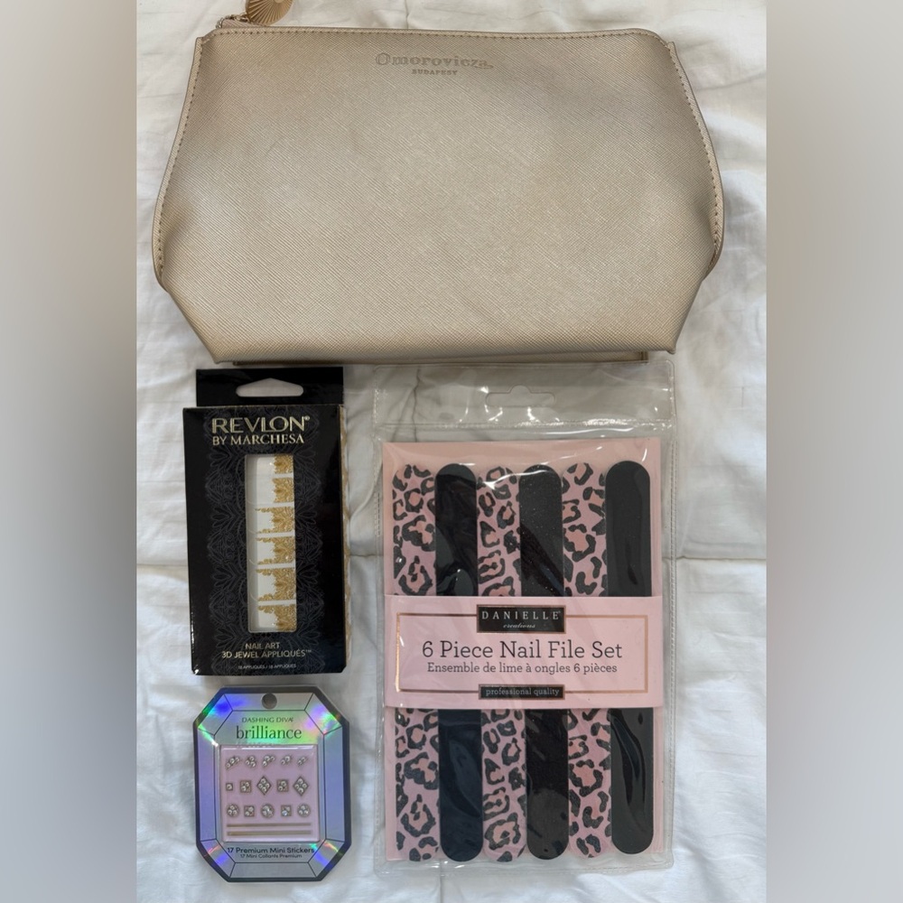 Multiples Cream Cosmetic Bag with Pink Leopard Nail File Set